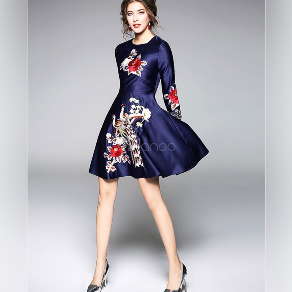 Navy‎ Blue Floral and Peacock Embroidered Evening Party Dress.